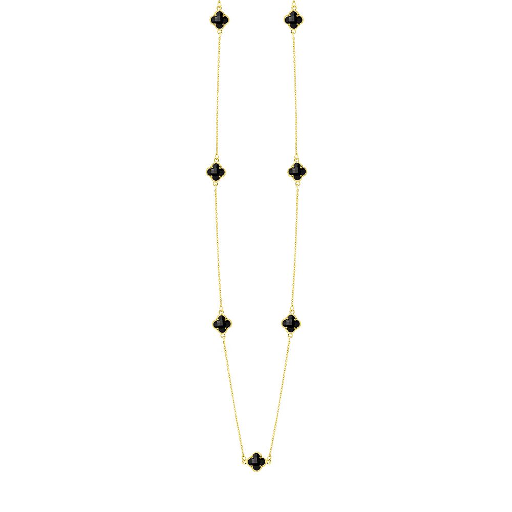 Κολιέ Λουλούδι Clover Crystal Μαύρο Διπλής Όψης Από Ατσάλι Επιχρυσωμένο MI13686