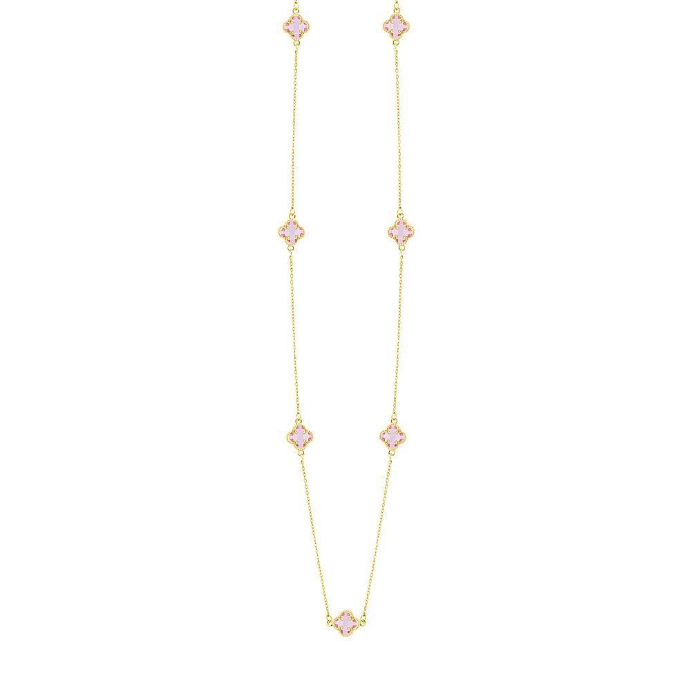 Κολιέ Λουλούδι Clover Crystal Ροζ Διπλής Όψης Από Ατσάλι Επιχρυσωμένο MI13688