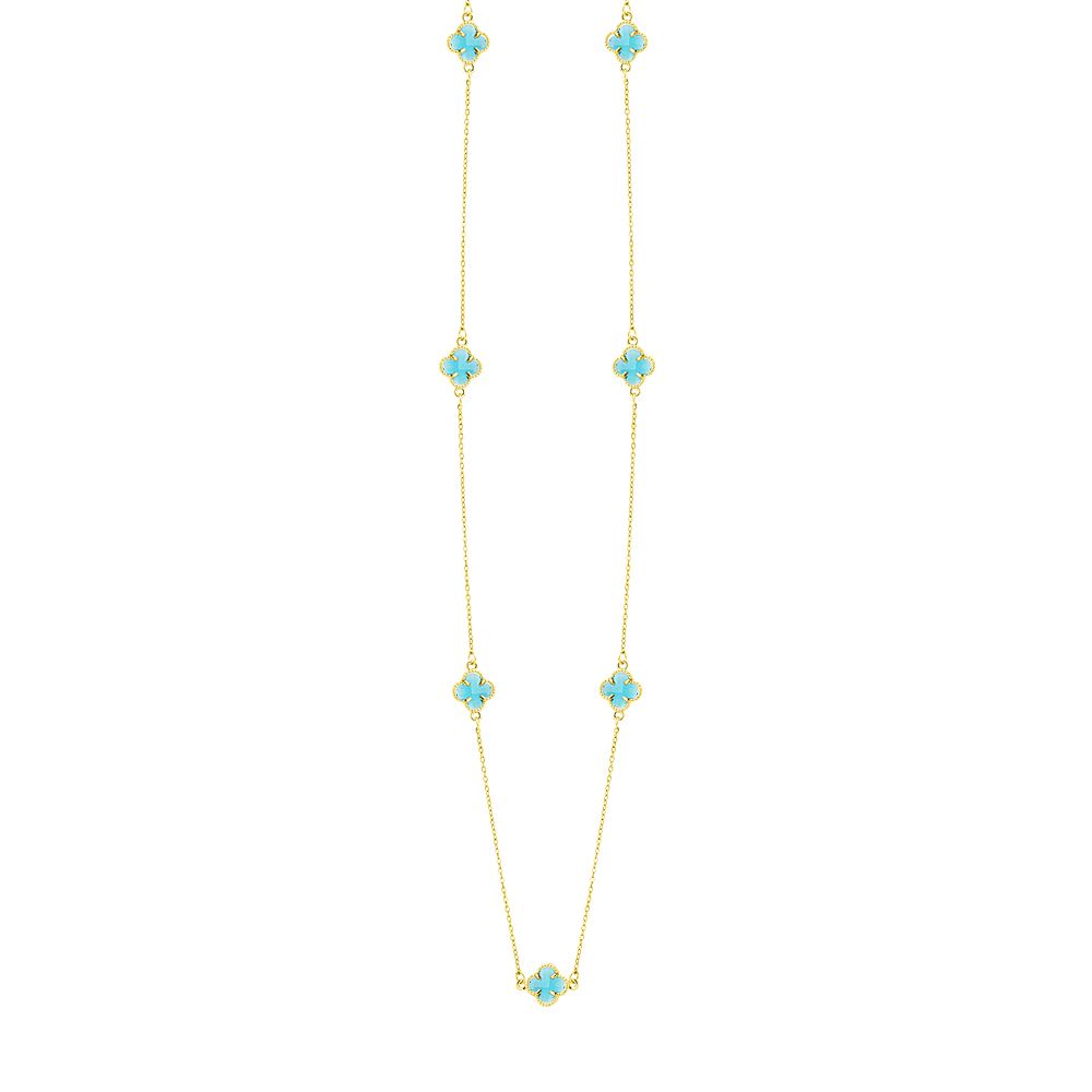 Κολιέ Λουλούδι Clover Crystal Τιρκουάζ Διπλής Όψης Από Ατσάλι Επιχρυσωμένο MI13684