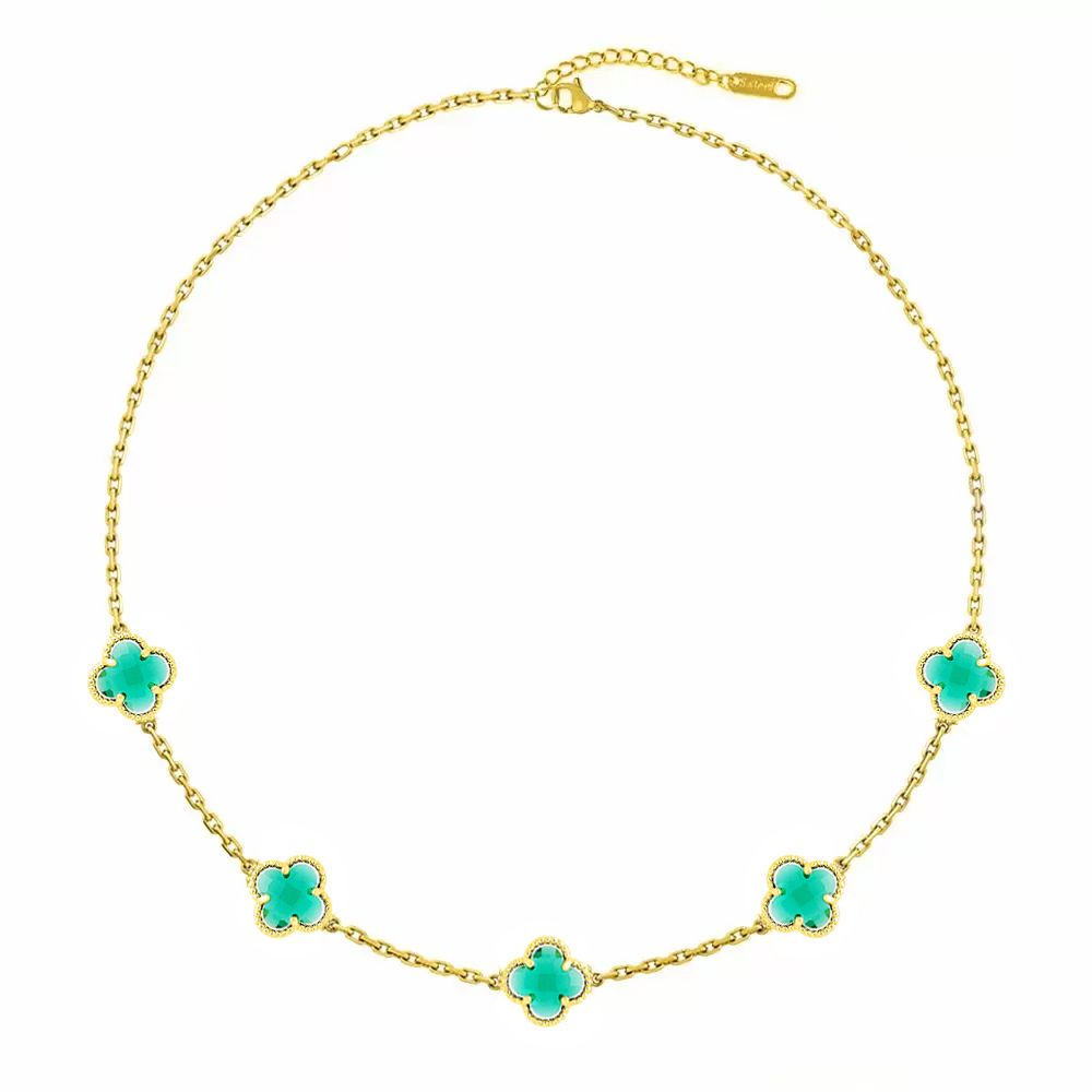 Κολιέ Λουλούδι Clover Crystal Πράσινο Διπλής Όψης Από Ατσάλι Επιχρυσωμένο MI11943