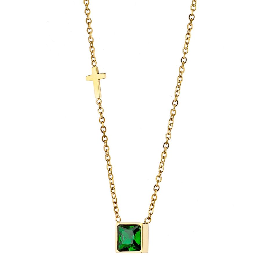 Κολιέ Από Ατσάλι Επιχρυσωμένο Με Ζιργκόν Πράσινο Και Σταυρό AS12170