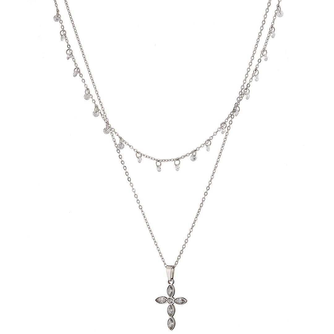 Διπλό Κολίε Από Ατσάλι Με Ζιργκόν Και Σταυρό Λευκό AS12745
