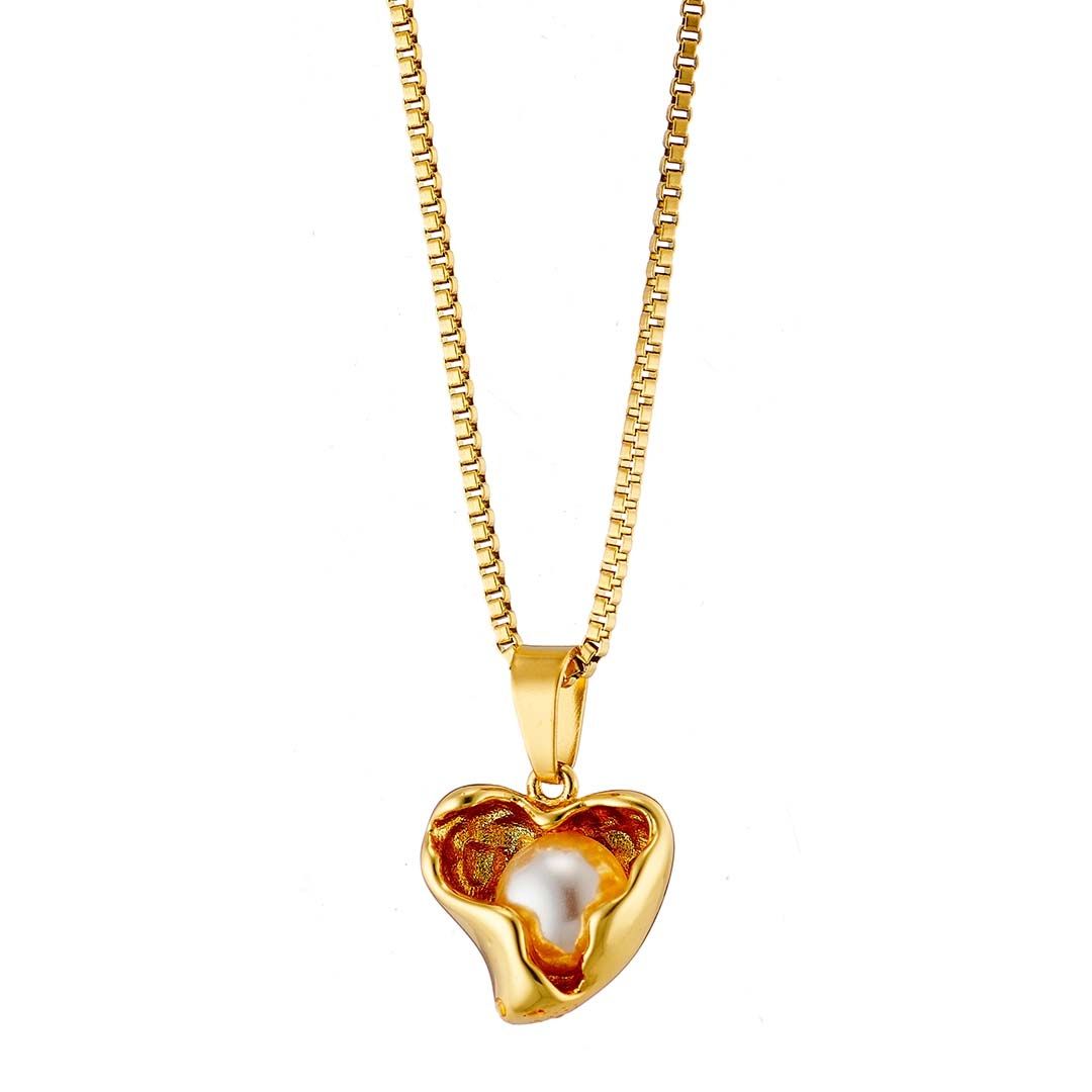 Κολίε Από Ατσάλι Επιχρυσωμένο 24Κ Με Καρδιά Και Μαργαριτάρι AS13643
