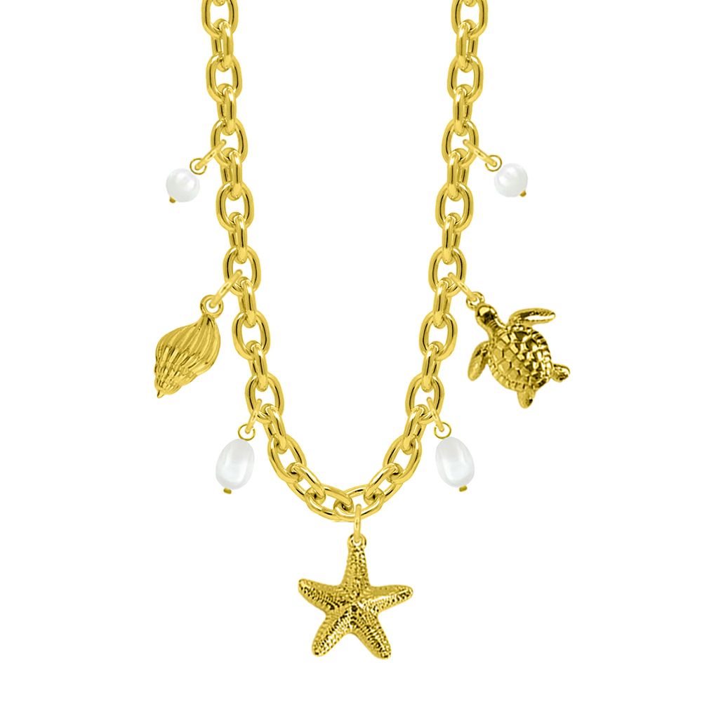 Κολιέ Από Ατσάλι Επιχρυσωμένο Με Κοχύλι, Χελώνα Και Αστερία AA13698