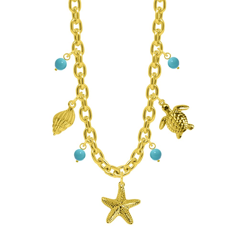 Κολιέ Από Ατσάλι Επιχρυσωμένο Με Κοχύλι, Χελώνα Και Αστερία AA13699