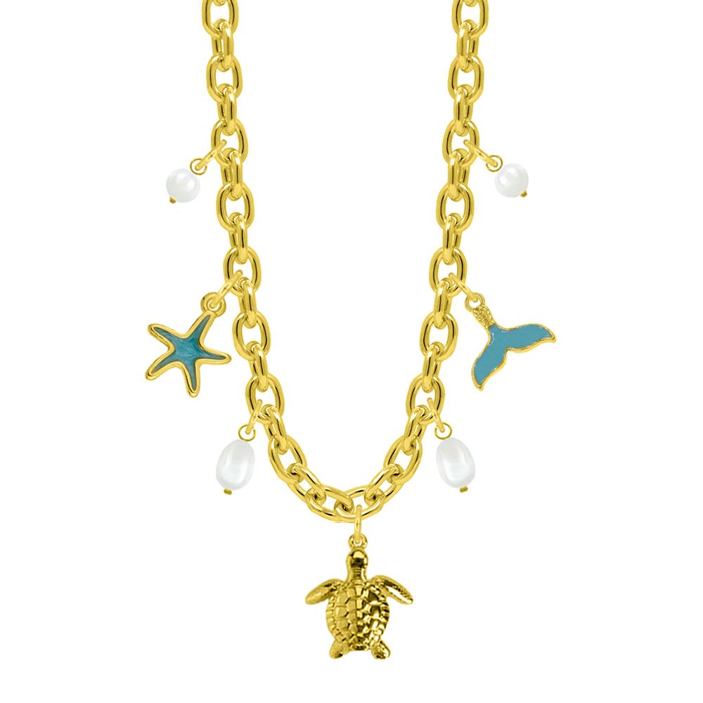Κολιέ Από Ατσάλι Επιχρυσωμένο Με Χελώνα, Ουρά Φάλαινας Και Αστερία AA13700