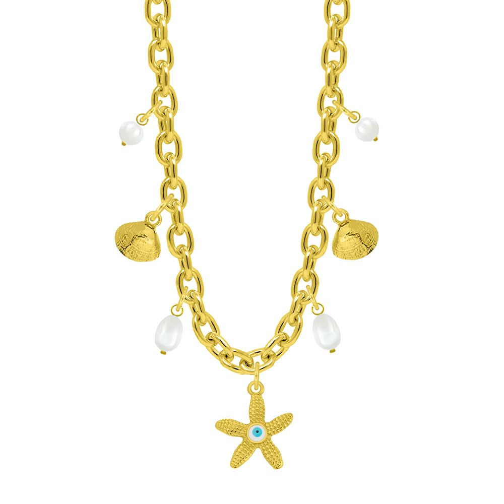 Κολιέ Από Ατσάλι Επιχρυσωμένο Με Αστερία Και Κοχύλια AA13701