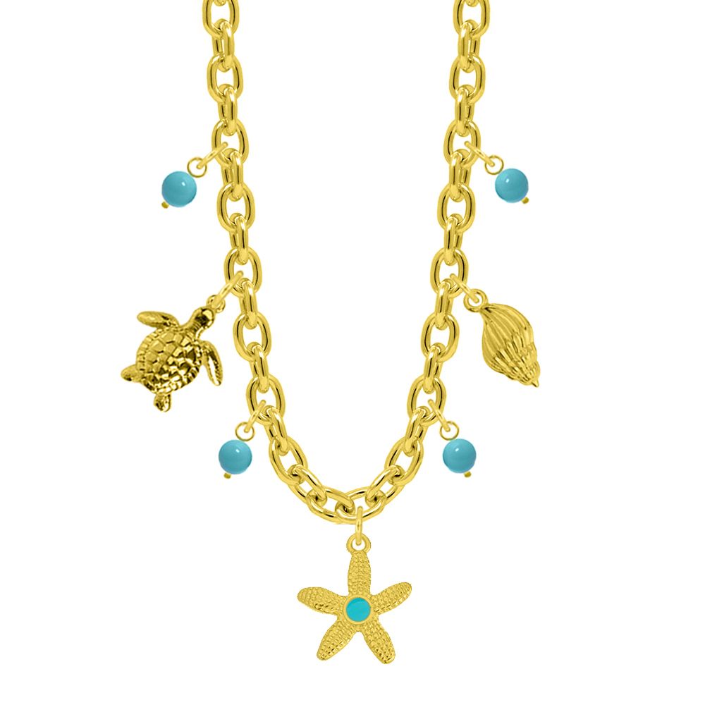 Κολιέ Από Ατσάλι Επιχρυσωμένο Με Αστερία, Χελώνα Και Κοχύλι AA13704