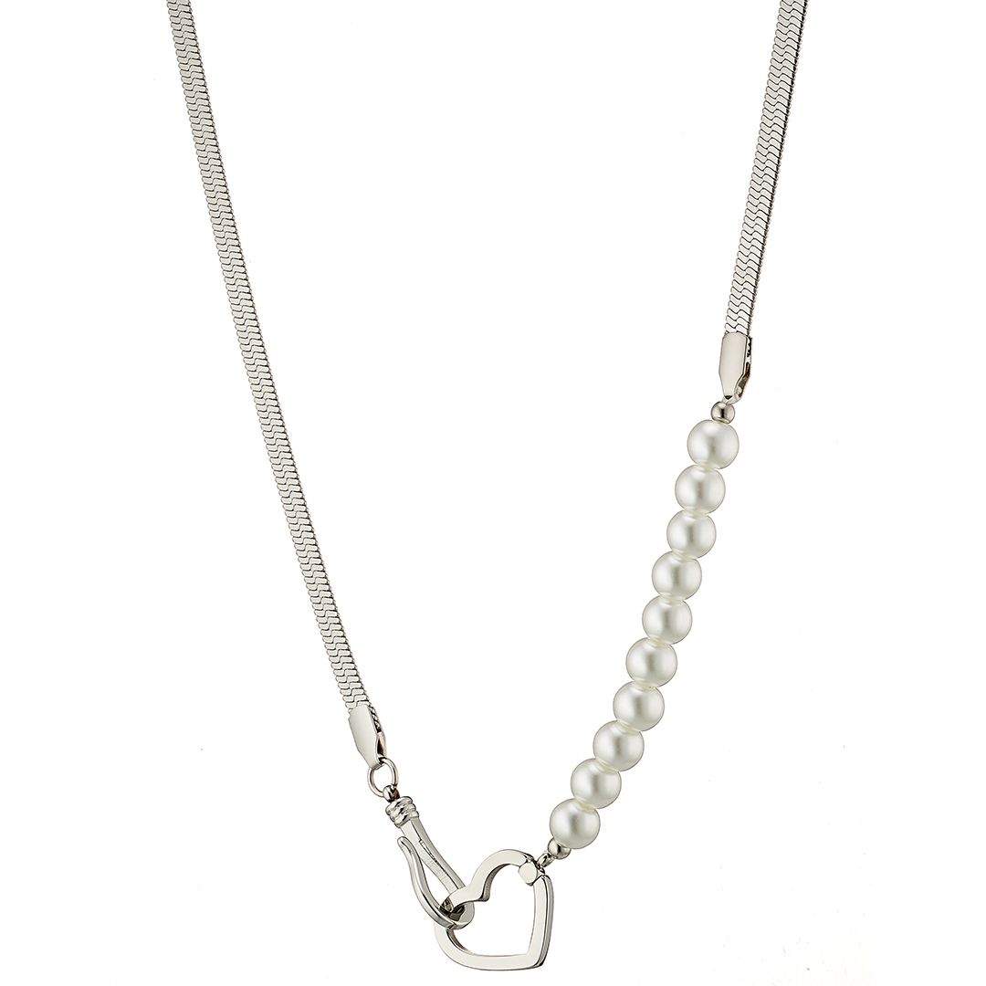 Διπλό Κολίε Από Ατσάλι Με Μαργαριτάρια Και Καρδιά AS13828