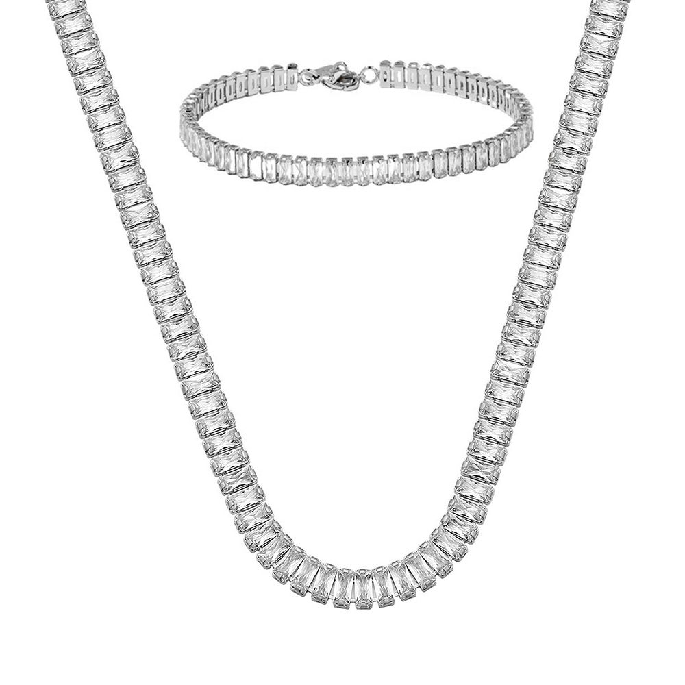 Σετ Κολιέ Ριβιέρα Choker Και Βραχιόλι Από Ανοξείδωτο Ατσάλι Με Ορθογώνια Ζιργκόν MI15227