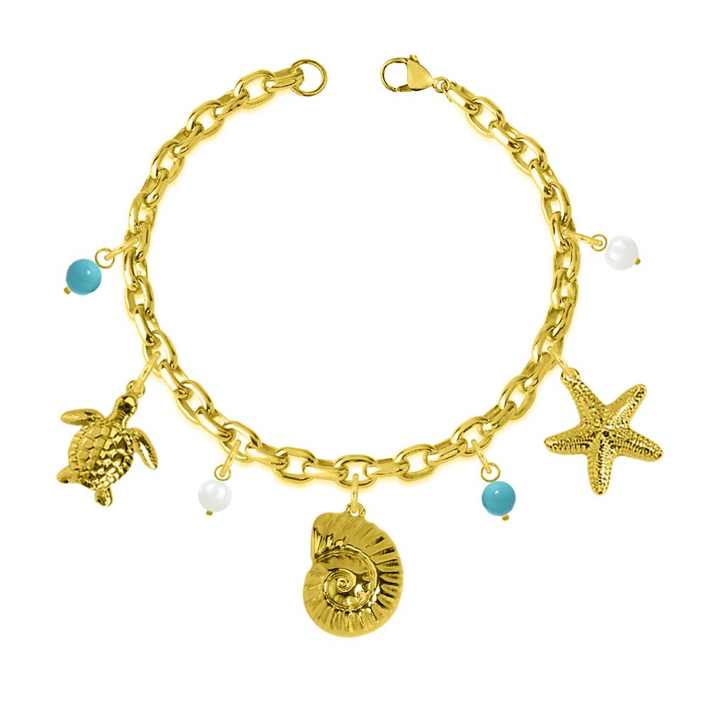 Βραχιόλι Από Ατσάλι Επιχρυσωμένο Με Κοχύλι, Χελώνα Και Αστερία AA29702