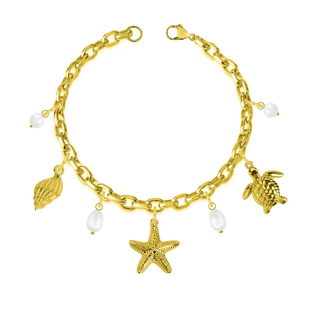Βραχιόλι Από Ατσάλι Επιχρυσωμένο Με Κοχύλι, Χελώνα Και Αστερία AA29704