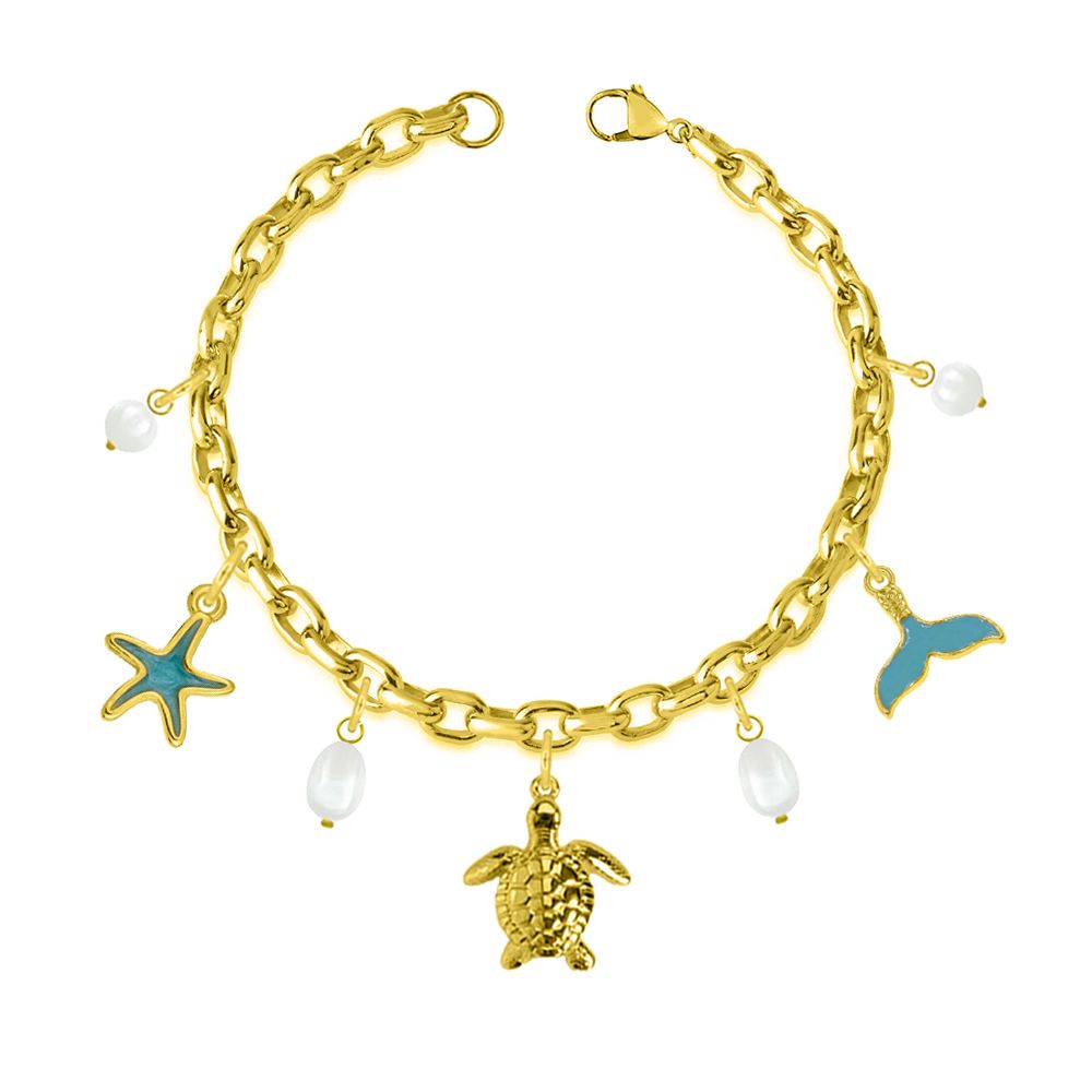 Βραχιόλι Από Ατσάλι Επιχρυσωμένο Με Ουρά Φάλαινας, Χελώνα Και Αστερία AA29706
