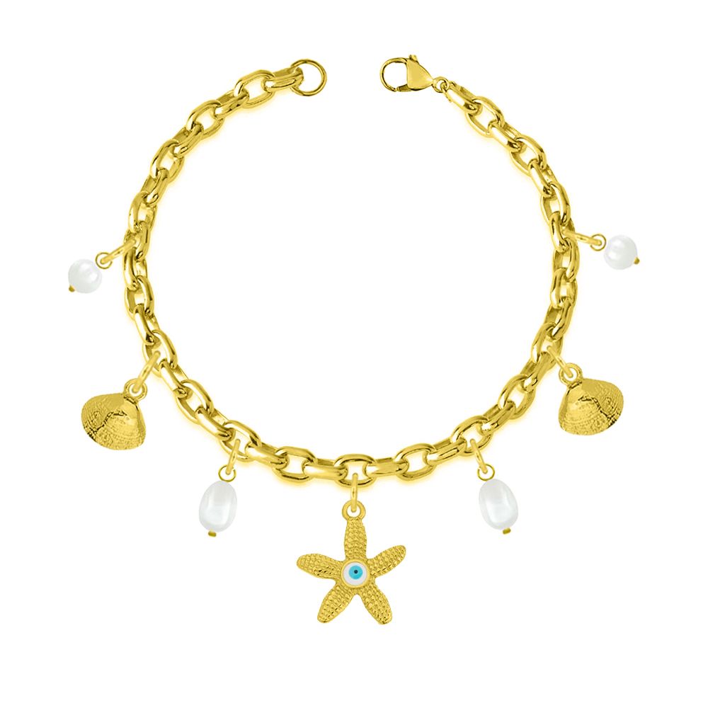 Βραχιόλι Από Ατσάλι Επιχρυσωμένο Με Κοχύλια Και Αστερία AA29707