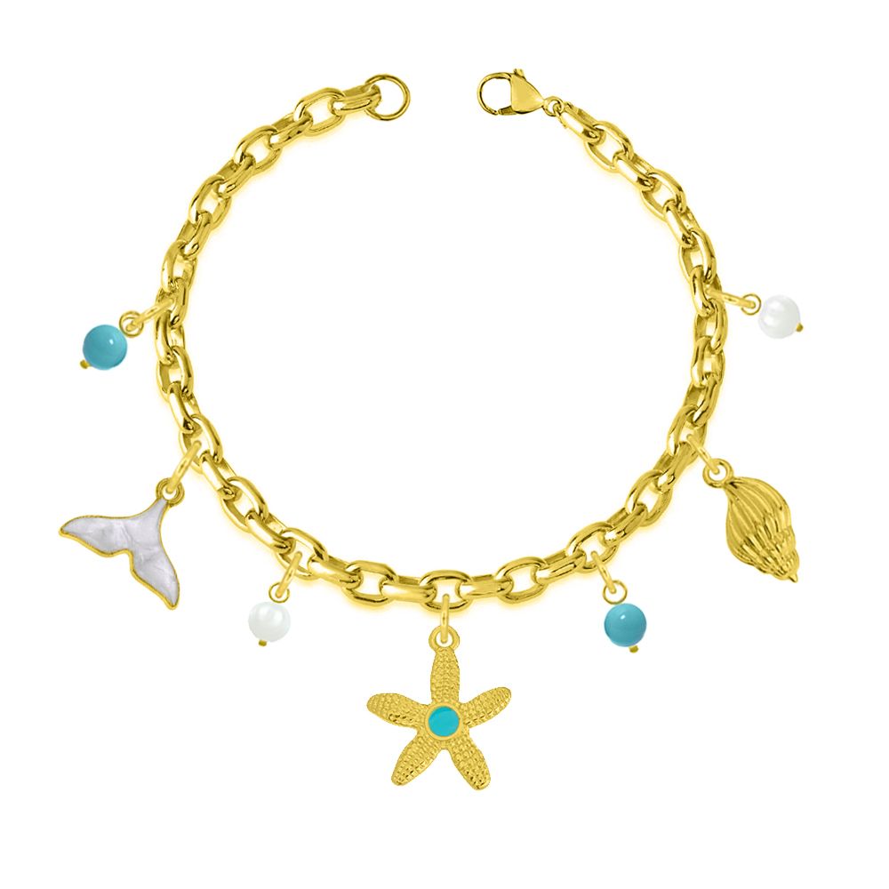 Βραχιόλι Από Ατσάλι Επιχρυσωμένο Με Κοχύλι, Αστερία Και Ουρά Φάλαινας AA29708