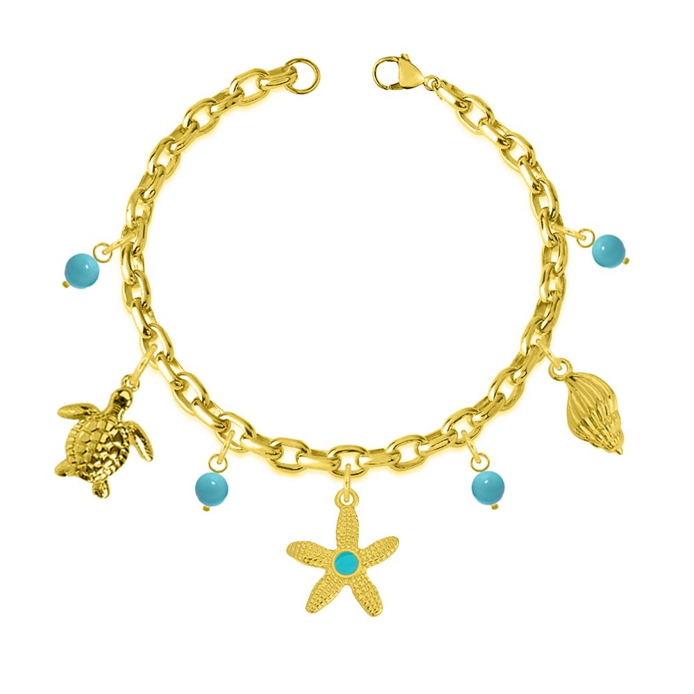 Βραχιόλι Από Ατσάλι Επιχρυσωμένο Με Κοχύλι, Χελώνα Και Αστερία AA29710