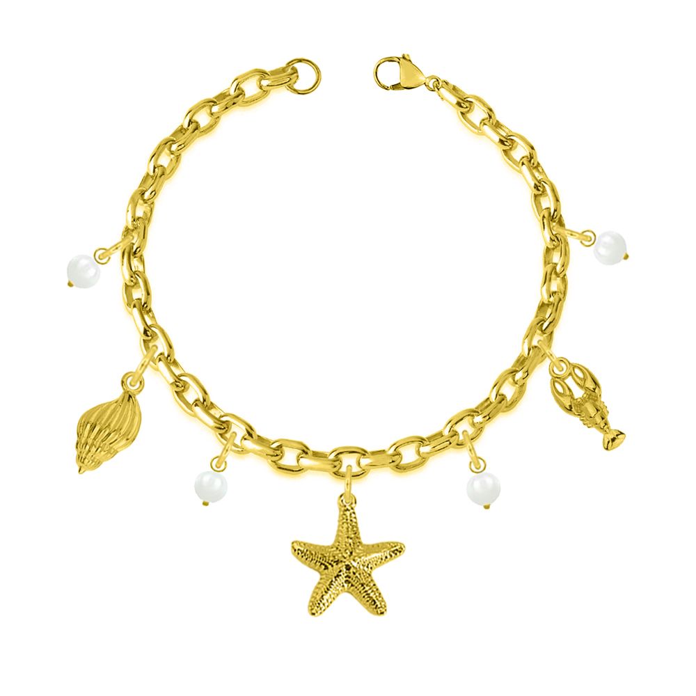 Βραχιόλι Από Ατσάλι Επιχρυσωμένο Με Κοχύλι, Αστερία Και Αστακό AA29711