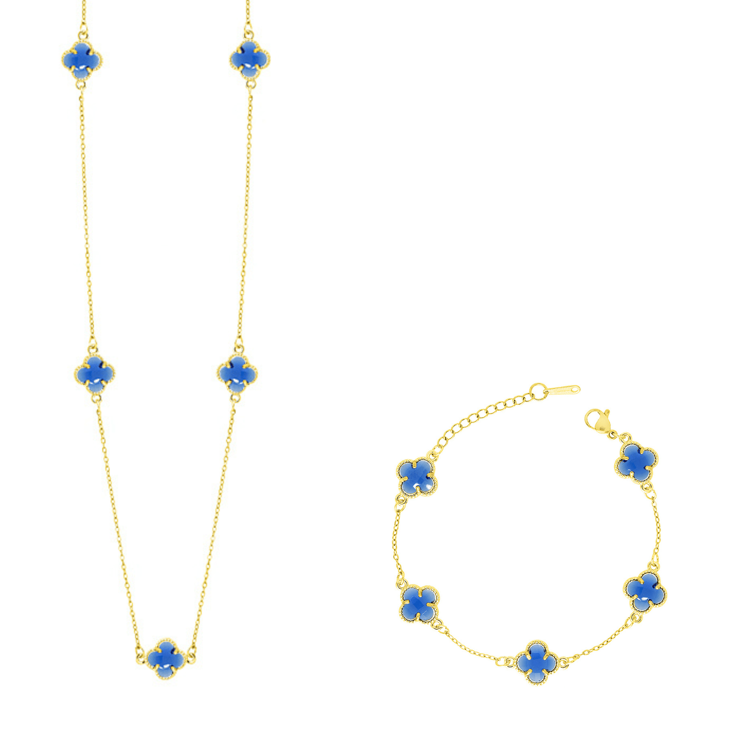 Σετ Λουλούδι Clover Crystal Διπλής Όψης Μπλε Από Ατσάλι Επιχρυσωμένο MI13691