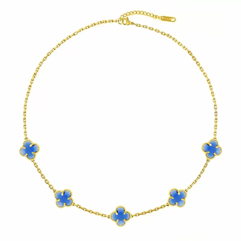 Κολιέ Λουλούδι Clover Crystal Μπλε Διπλής Όψης Από Ατσάλι Επιχρυσωμένο MI11941