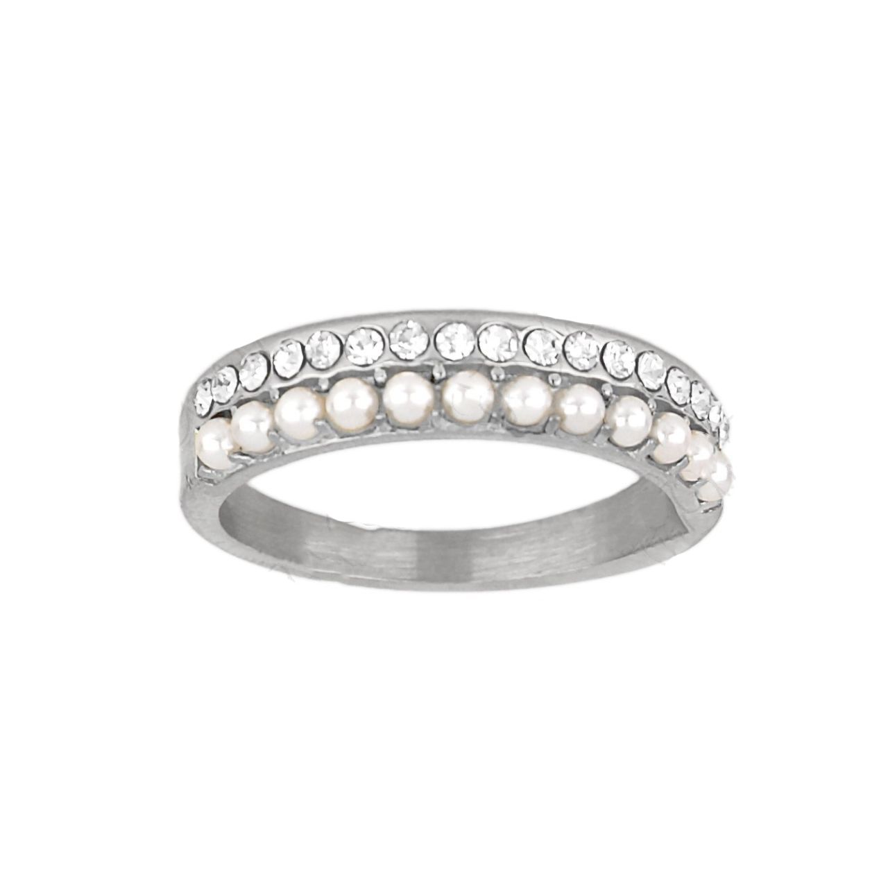 Δαχτυλίδι Από Ατσάλι Με Κρύσταλλα Και Μαργαριτάρια TU30958