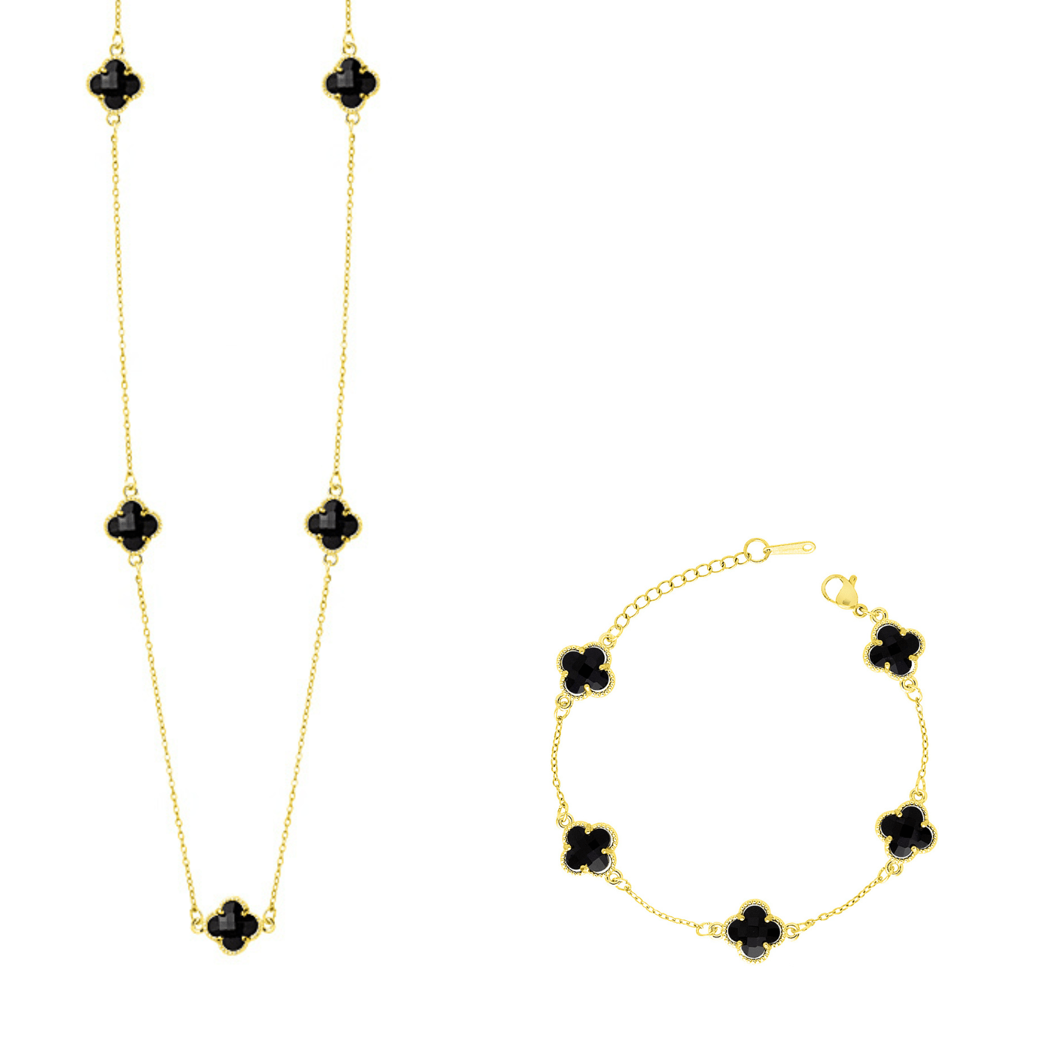 Σετ Λουλούδι Clover Crystal Διπλής Όψης Μαύρο Από Ατσάλι Επιχρυσωμένο MI13690