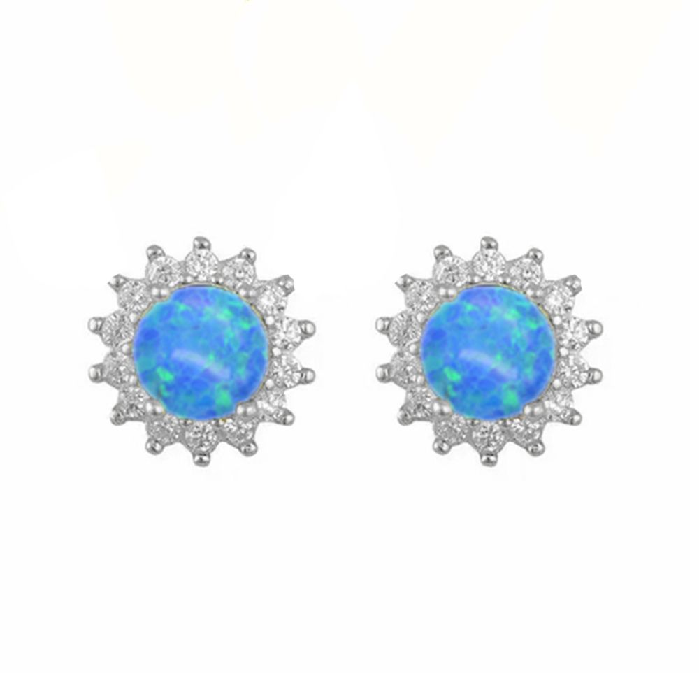 Σκουλαρίκια Ροζέτα Από Ασήμι 925 Στρογγυλό Με Μπλε Οπάλι SS47800