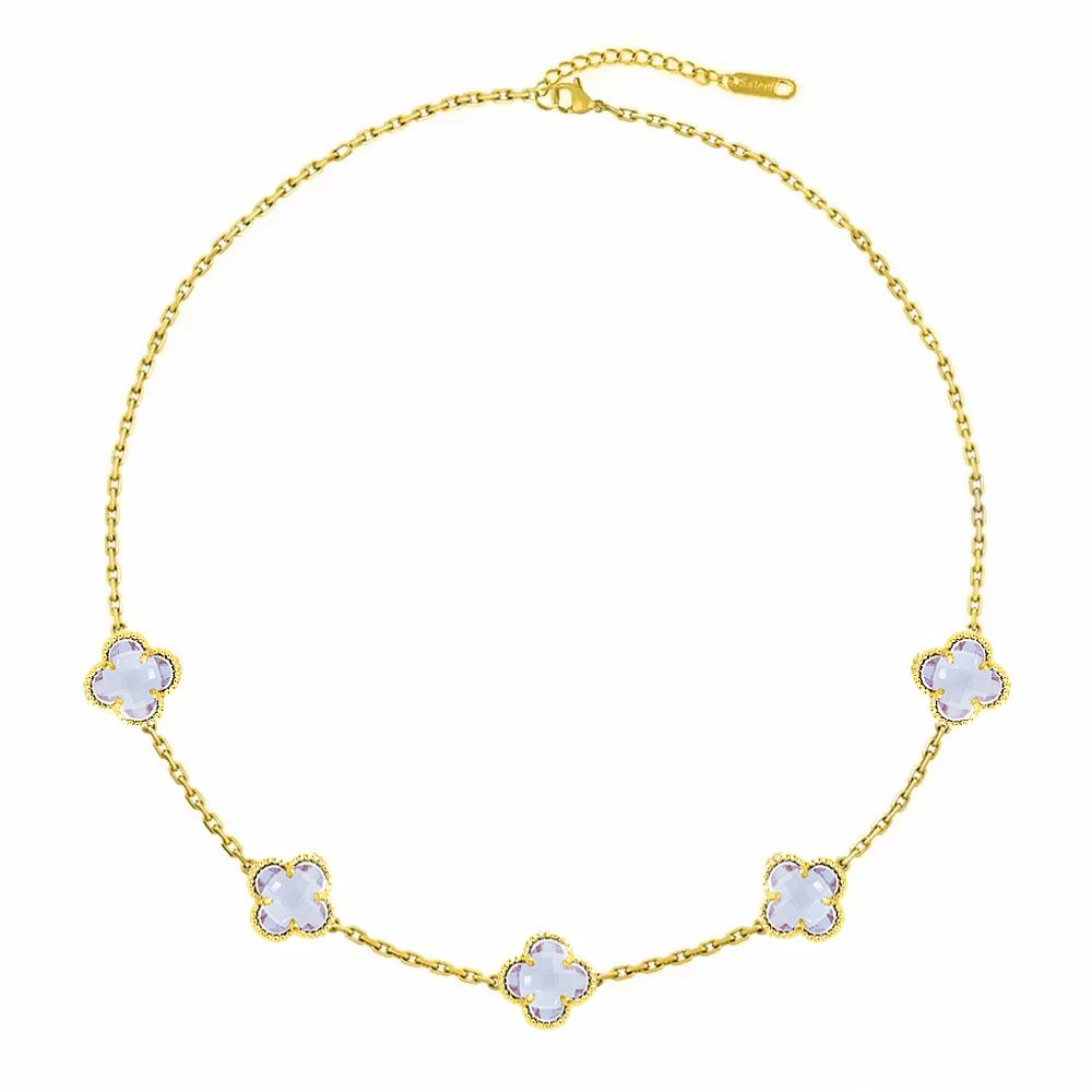 Κολιέ Λουλούδι Clover Crystal Μωβ Διπλής Όψης Από Ατσάλι Επιχρυσωμένο MI11945
