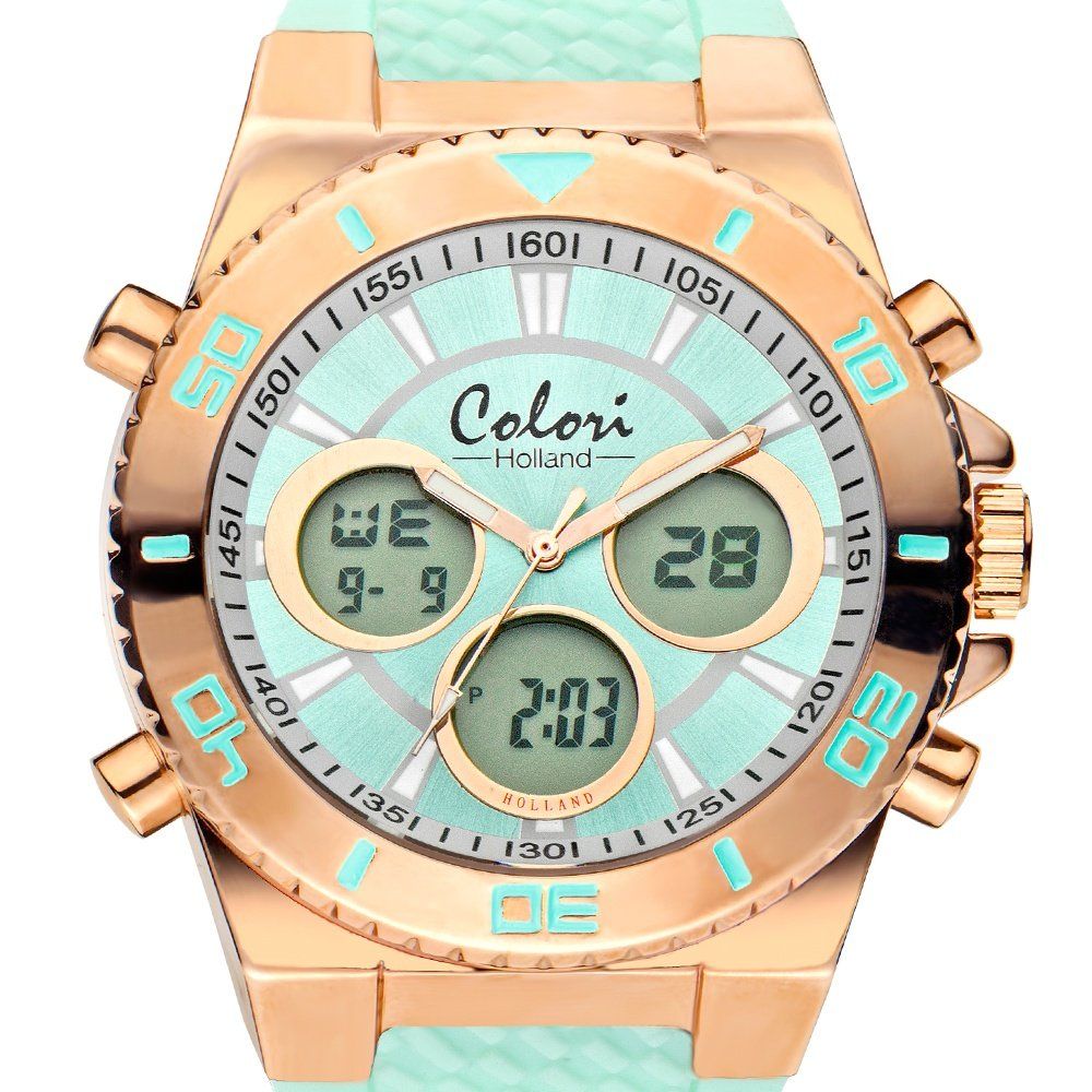 COLORI Anadigi Rose Gold Green Rubber Strap CLD126