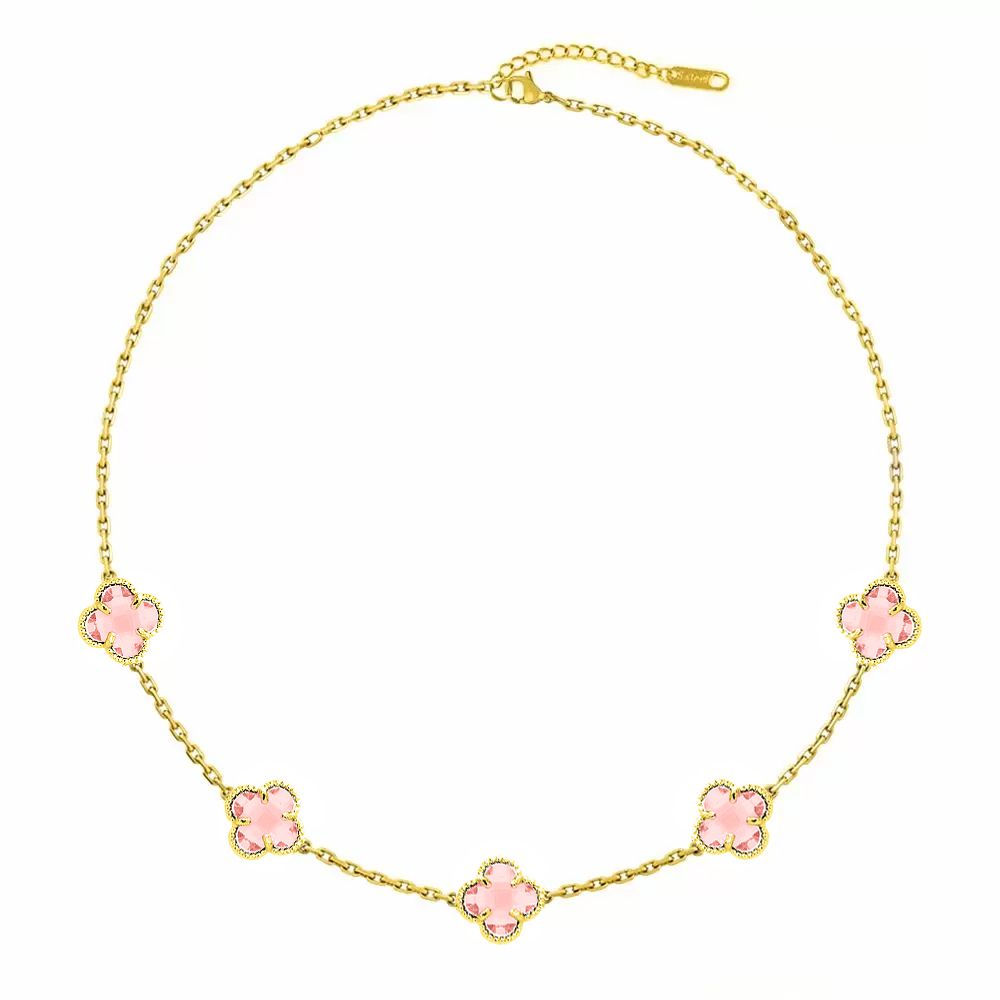 Κολιέ Λουλούδι Clover Crystal Κοραλί Διπλής Όψης Από Ατσάλι Επιχρυσωμένο MI11946