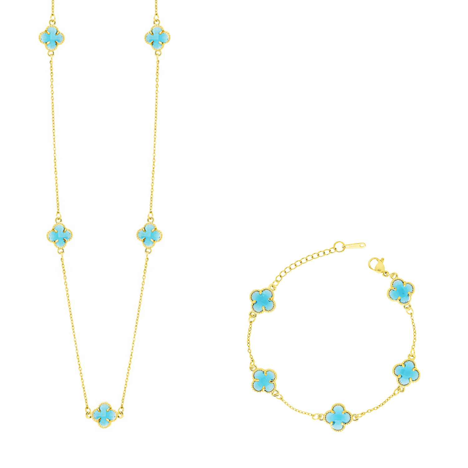 Σετ Λουλούδι Clover Crystal Διπλής Όψης Τιρκουάζ Από Ατσάλι Επιχρυσωμένο MI13693