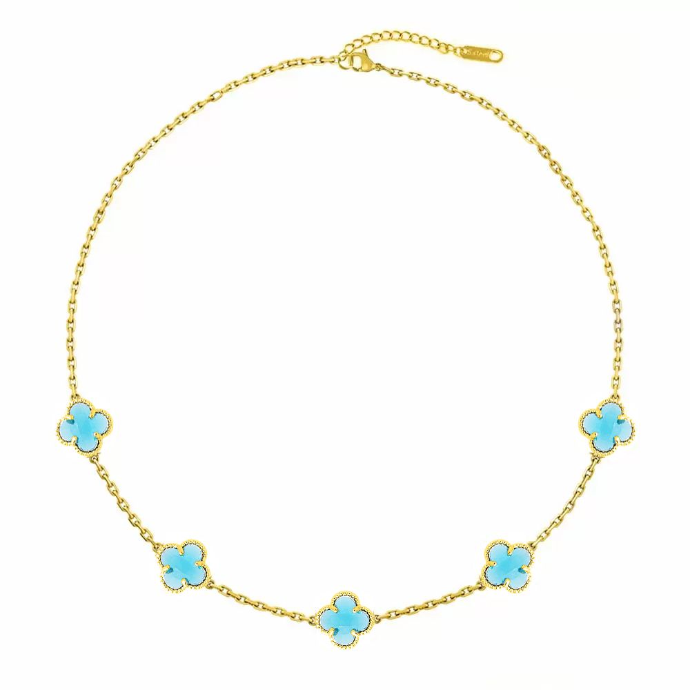 Κολιέ Λουλούδι Clover Crystal Τιρκουάζ Διπλής Όψης Από Ατσάλι Επιχρυσωμένο MI11942