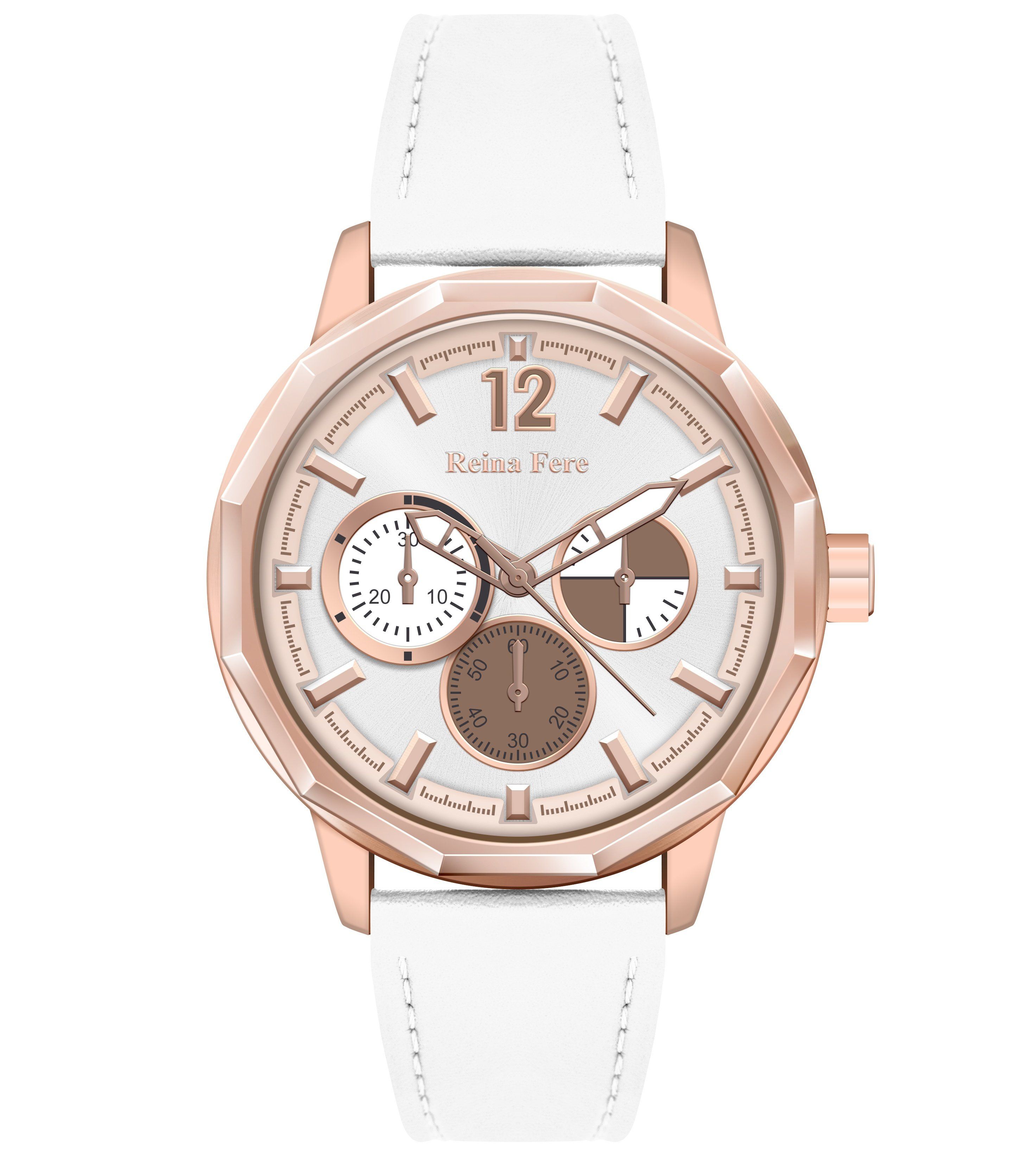 REINA FERE Amphitrite Rose Gold White Leather Strap 8826-203