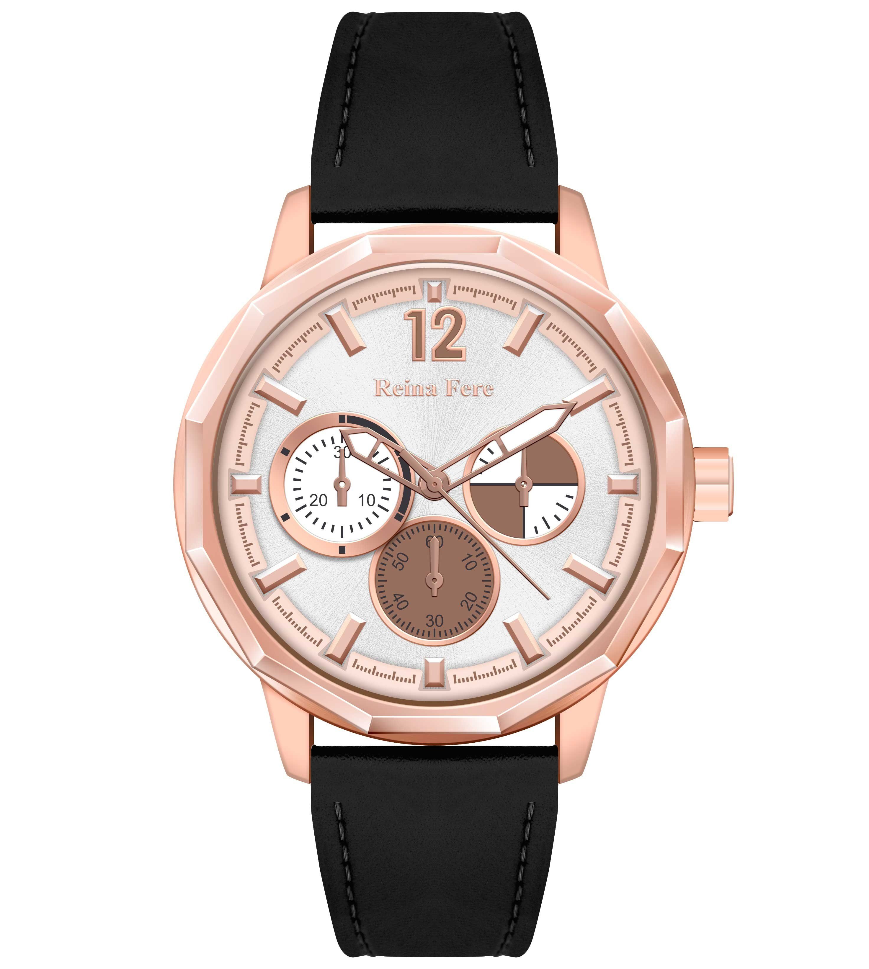 REINA FERE Amphitrite Rose Gold Black Leather Strap 8826-223