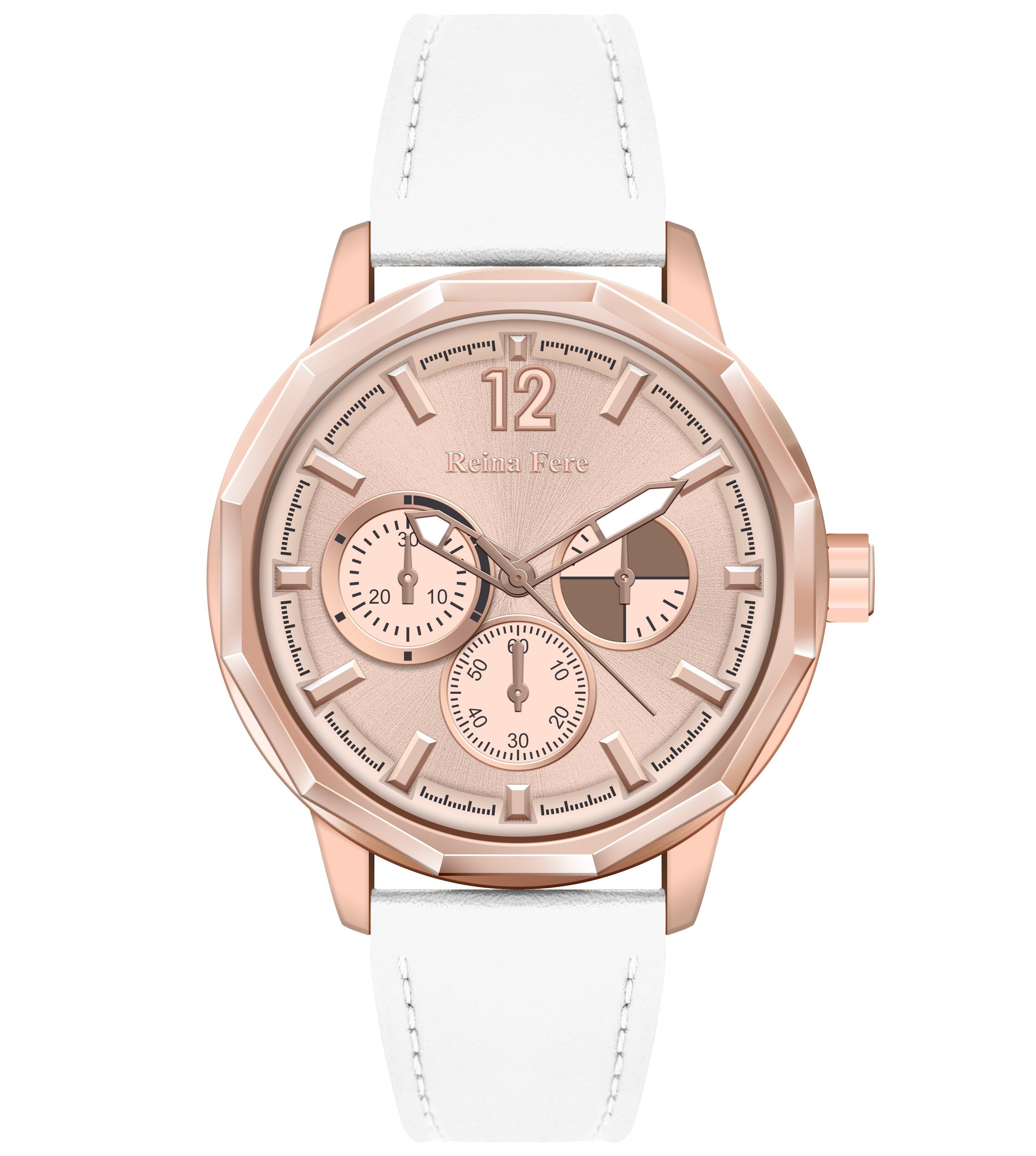 REINA FERE Amphitrite Rose Gold White Leather Strap 8826-231