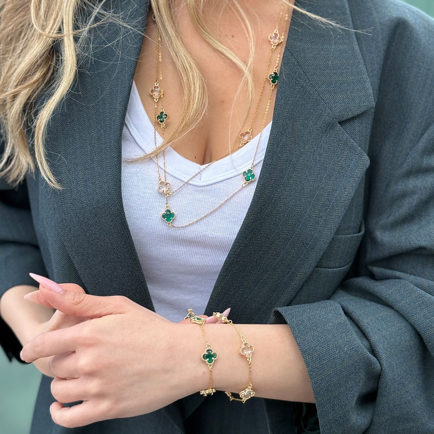 Σετ Λουλούδι Clover Crystal Διπλής Όψης Πράσινο Από Ατσάλι Επιχρυσωμένο MI13692