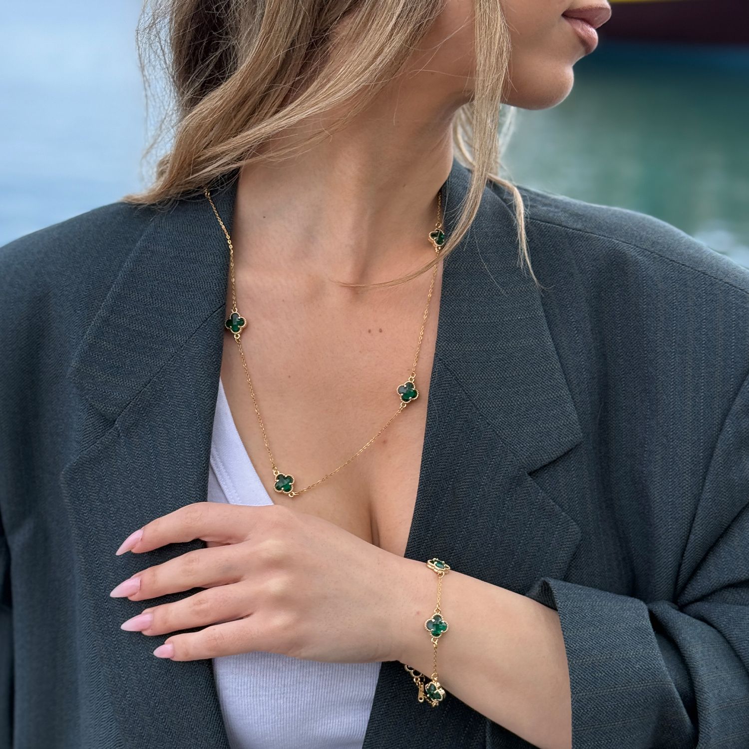 Βραχιόλι Λουλούδι Clover Crystal Διπλής Όψης Πράσινο Από Ατσάλι Επιχρυσωμένο MI29687