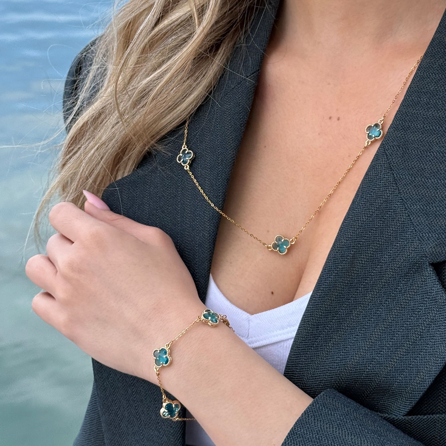 Σετ Λουλούδι Clover Crystal Διπλής Όψης Τιρκουάζ Από Ατσάλι Επιχρυσωμένο MI13693