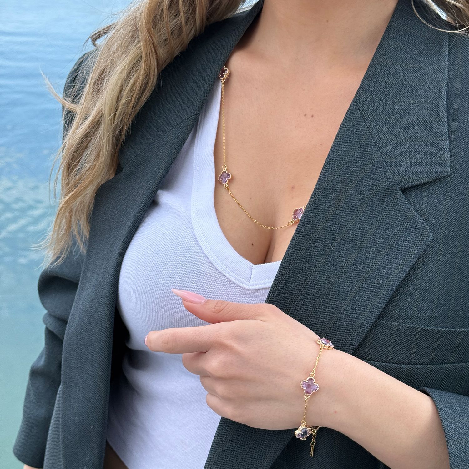 Σετ Λουλούδι Clover Crystal Διπλής Όψης Μωβ Από Ατσάλι Επιχρυσωμένο MI13695